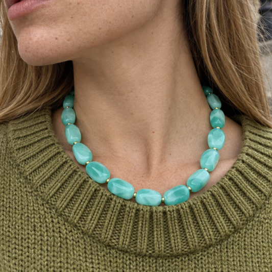 Turquoise chunky statement marble kralenketting Sanne