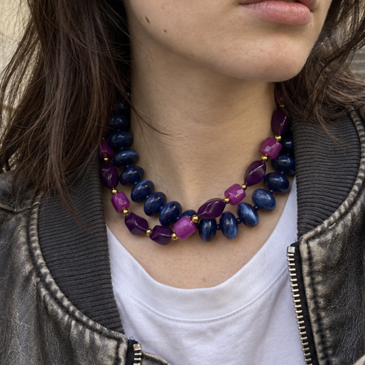 Donkerblauwe marble donut kralenketting Limo
