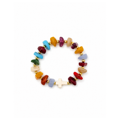Veelkleurige marble splitkralen met kruis armband
