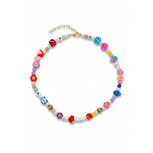 Witte kralenketting met smiley en rode paddenstoel Y2K