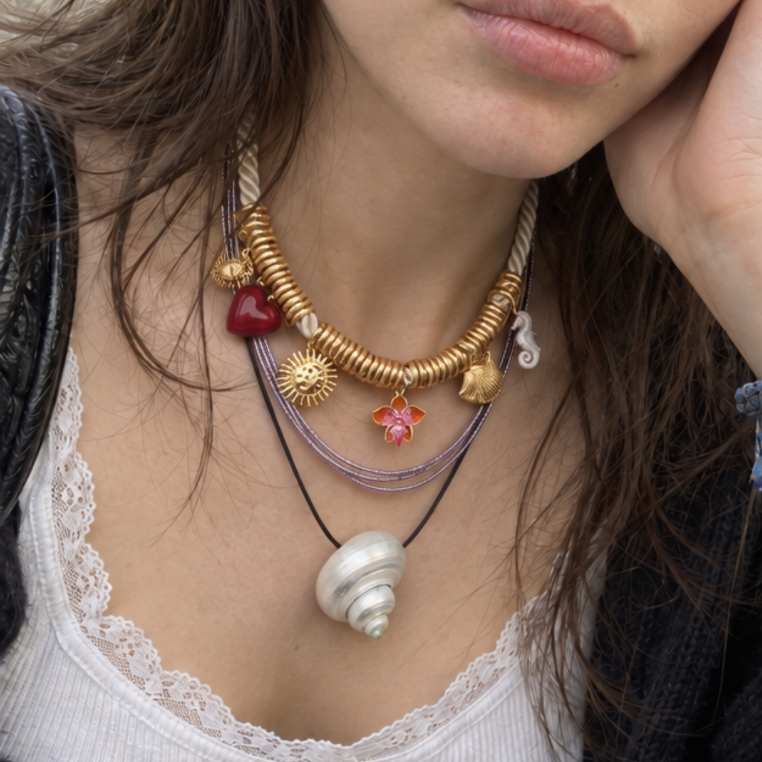 Zwarte koord ketting met statement schelp The Beach Club