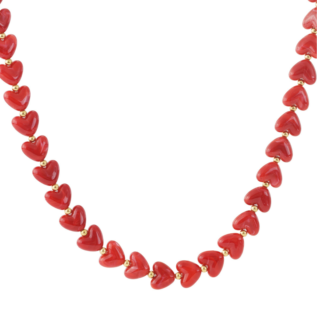 Kralen ketting hartje gemarmerd rood