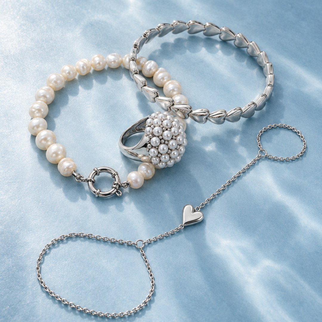 Zilveren handchain parels en hartjes set | handchain, armbanden en ring