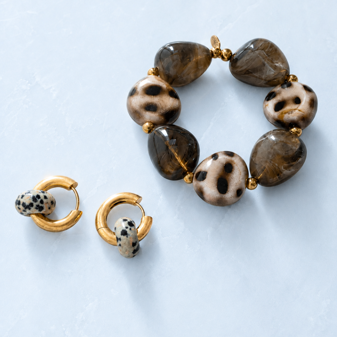 Bruine dalmatian set - armband en oorbellen met dalmatian print | Casa Jadel