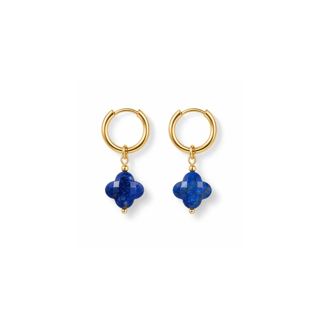Gouden oorringetjes met Lapis Lazuli natuursteen facet clover