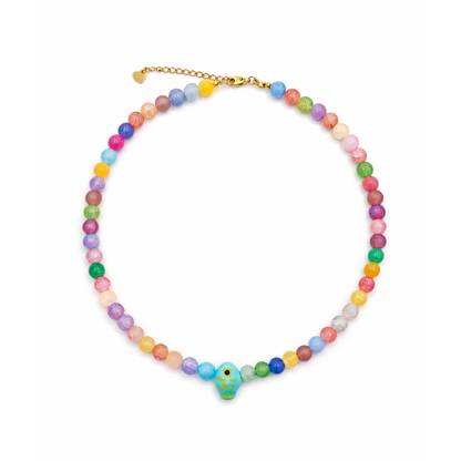 Veelkleurige glazen kralenketting met turquoise vis bedel