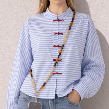 Bruin amber lange kralenketting met offwhite split kralen