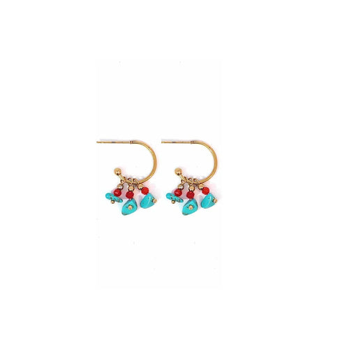 Open gouden oorringetje met 3 hangertjes met turquoise en rood