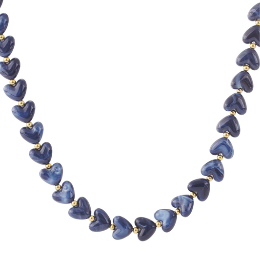 Kralen ketting hartje gemarmerd blauw