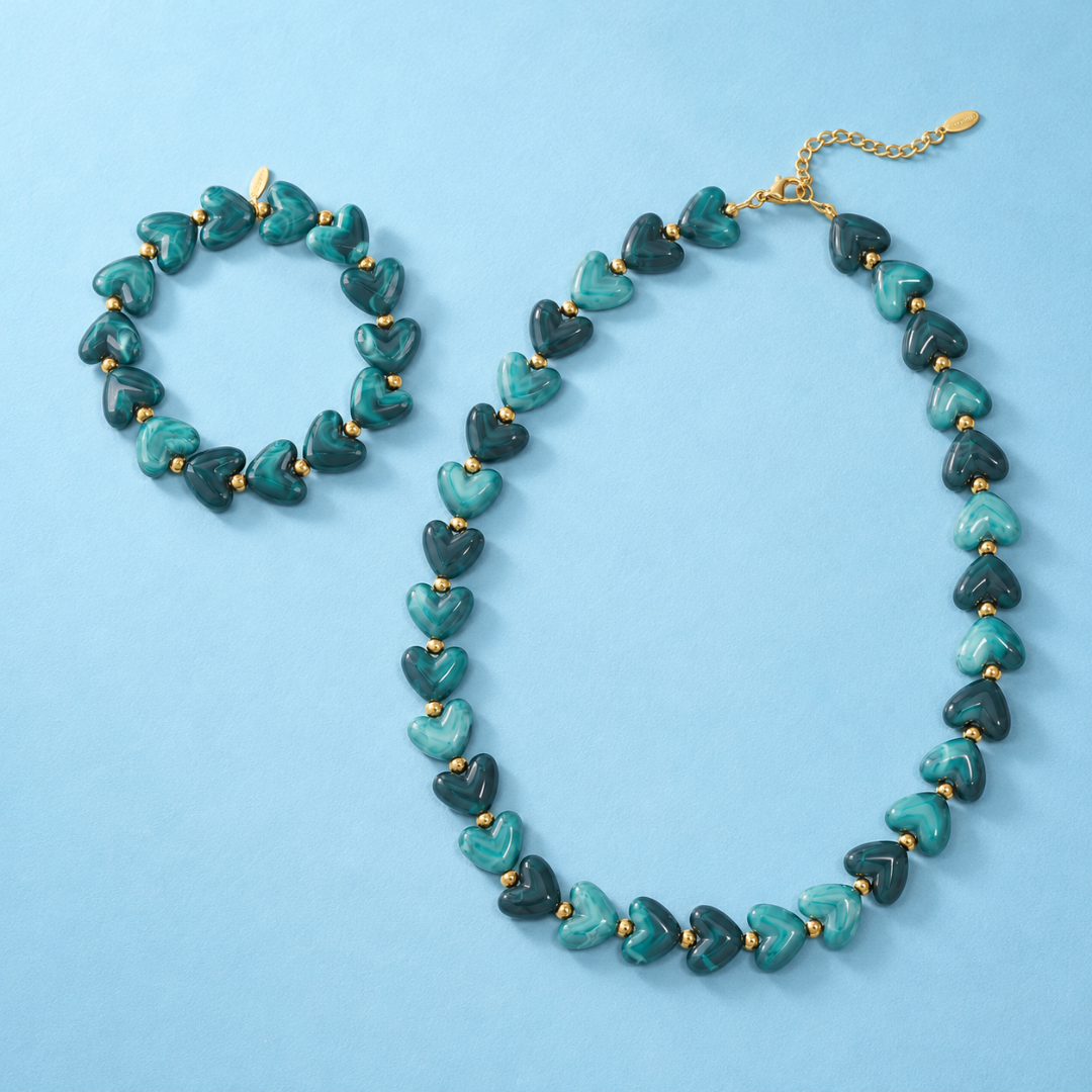 Zeegroene marble hartjes kralenset Lieve | armband en ketting