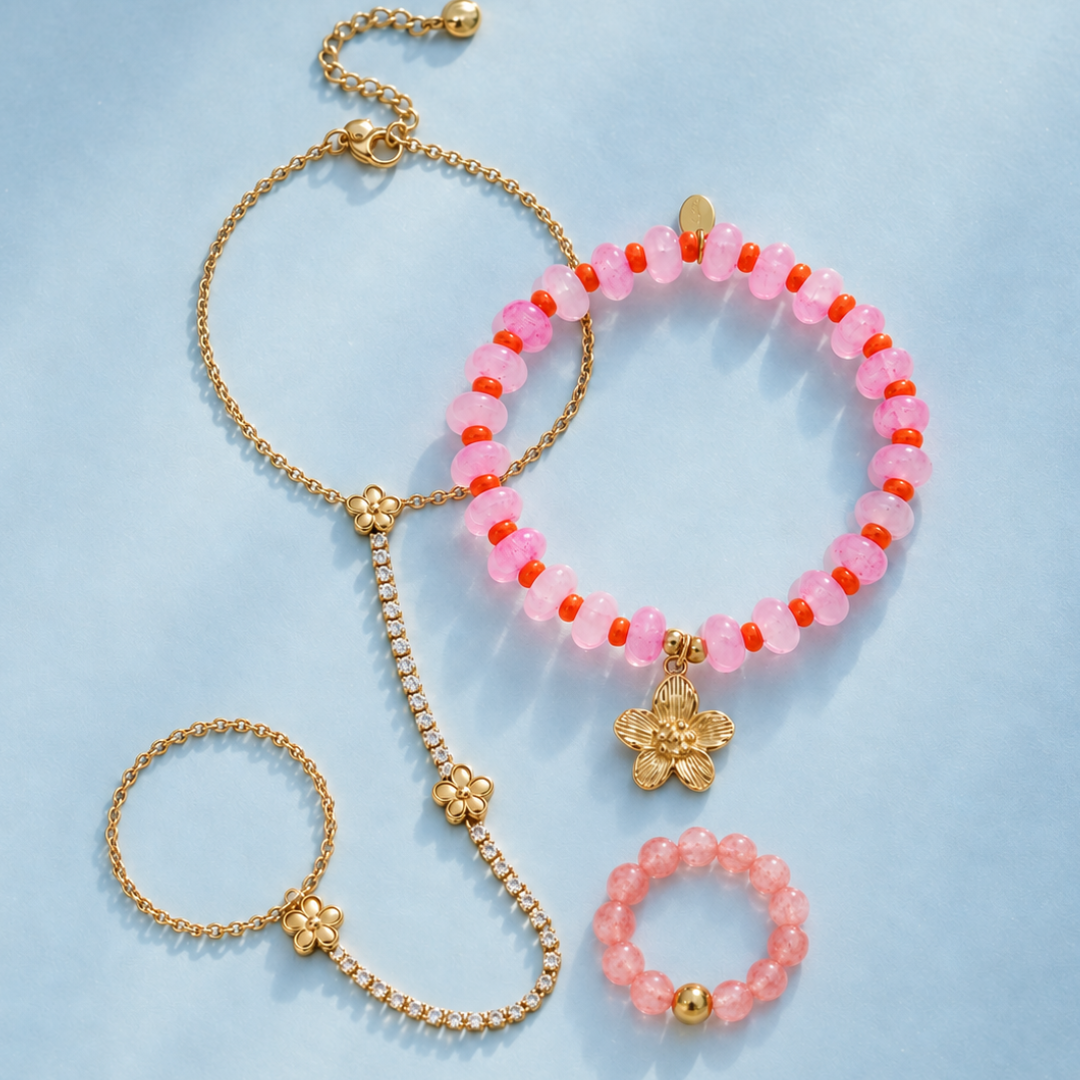 Handchain met bloemen en natuursteen set | handchain, armband en ring
