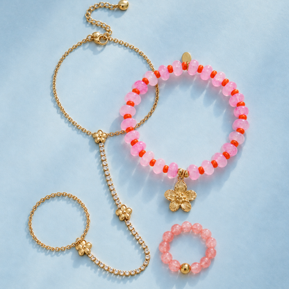 Handchain met bloemen en natuursteen set | handchain, armband en ring