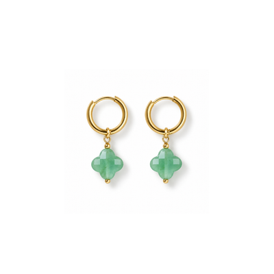 Gouden oorringetjes met groene Aventurijn natuursteen facet clover