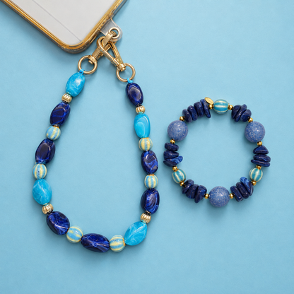 Blauwe chunky keramiek kralenset | armband en telefoonkoord