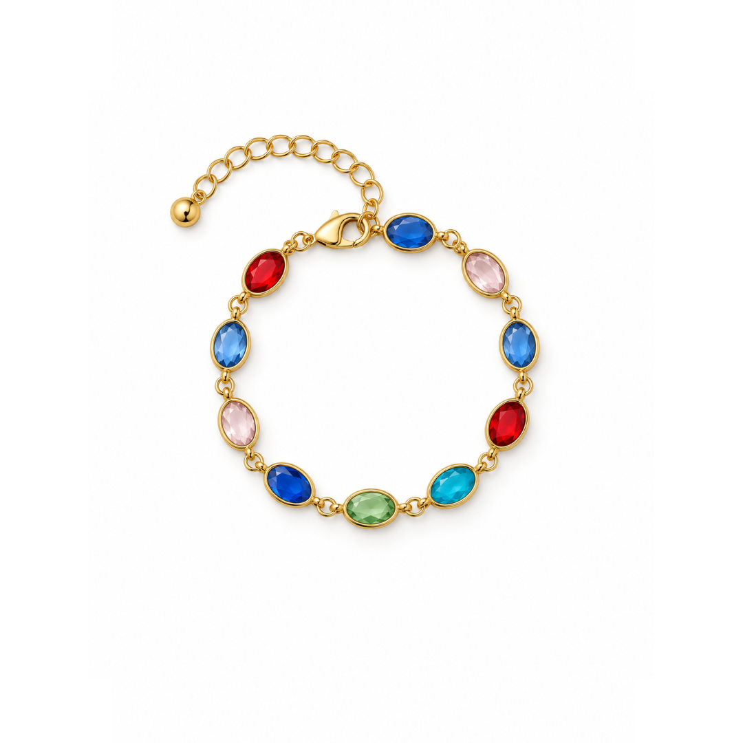 Gouden multicolor schakelarmband met XL-schakels, kleurrijke accenten en verstelbare sluiting.