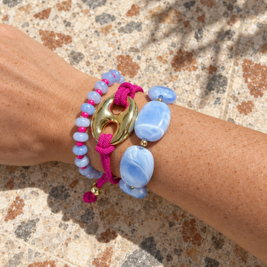 Lichtblauw-fuchsia armbandenset met aquamarijn natuursteen - Casa Jadel