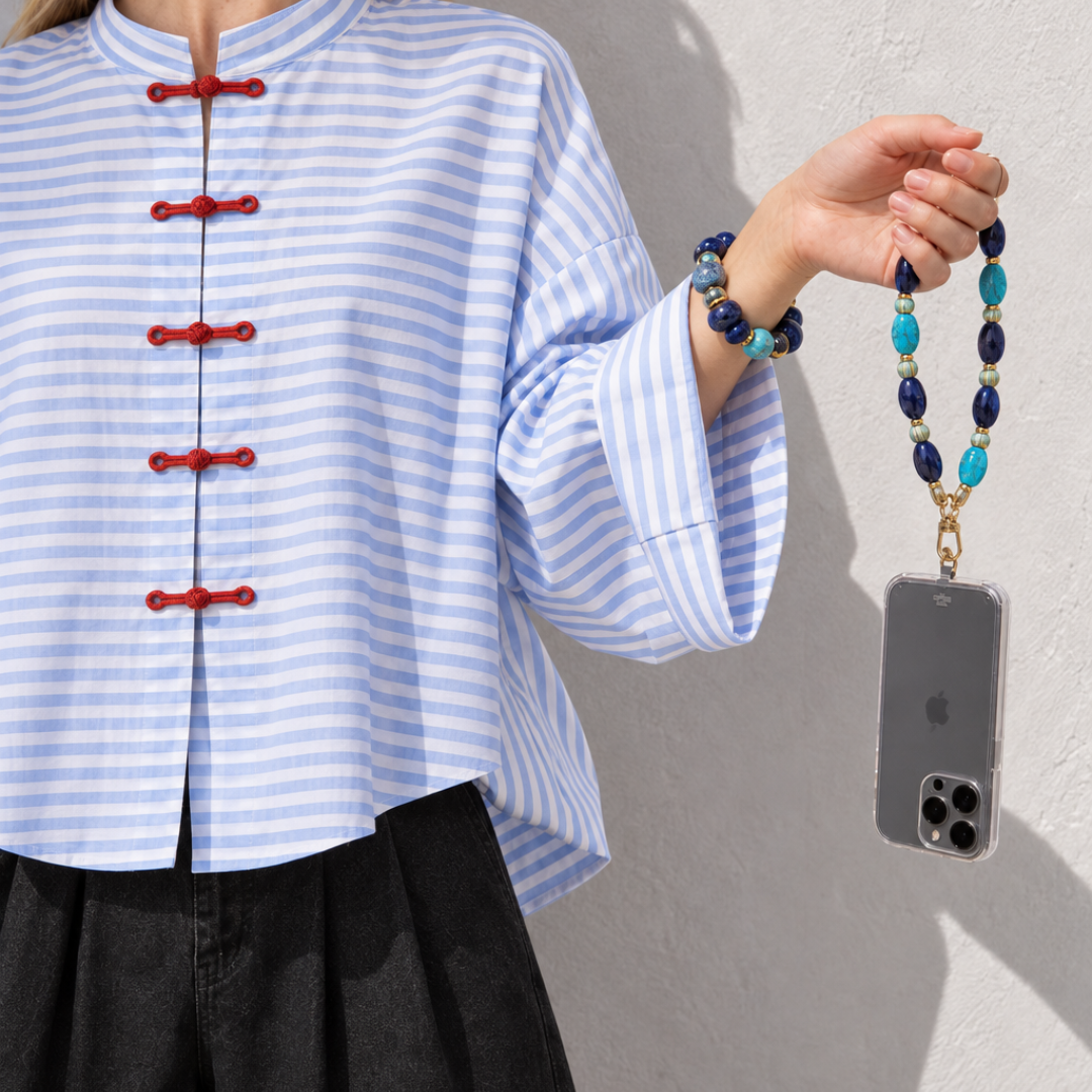 Blauwe chunky keramiek kralenset | armband en telefoonkoord | Casa Jadel