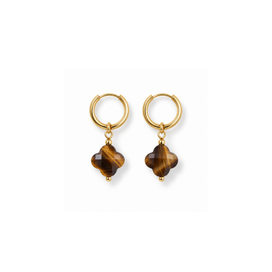 Gouden oorringetjes met Tijgeroog natuursteen facet clover