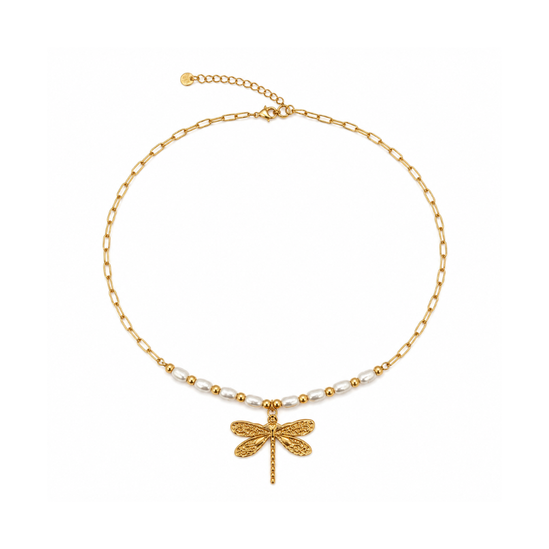 Gouden schakelketting met parels en libelle