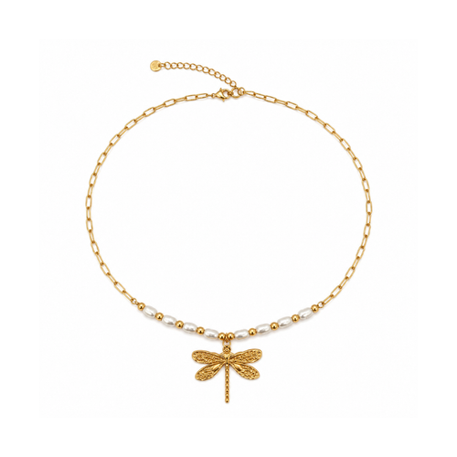 Gouden schakelketting met parels en libelle