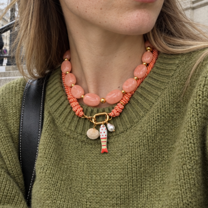 Zalmroze marble ovale kralenketting Gigi