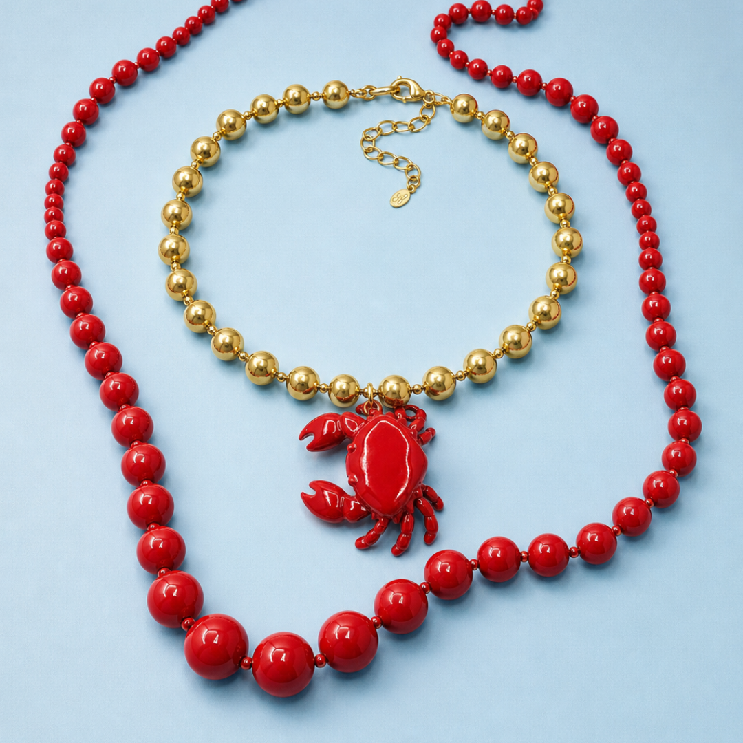 Rood-gouden statement kralenset close-up | Casa Jadel