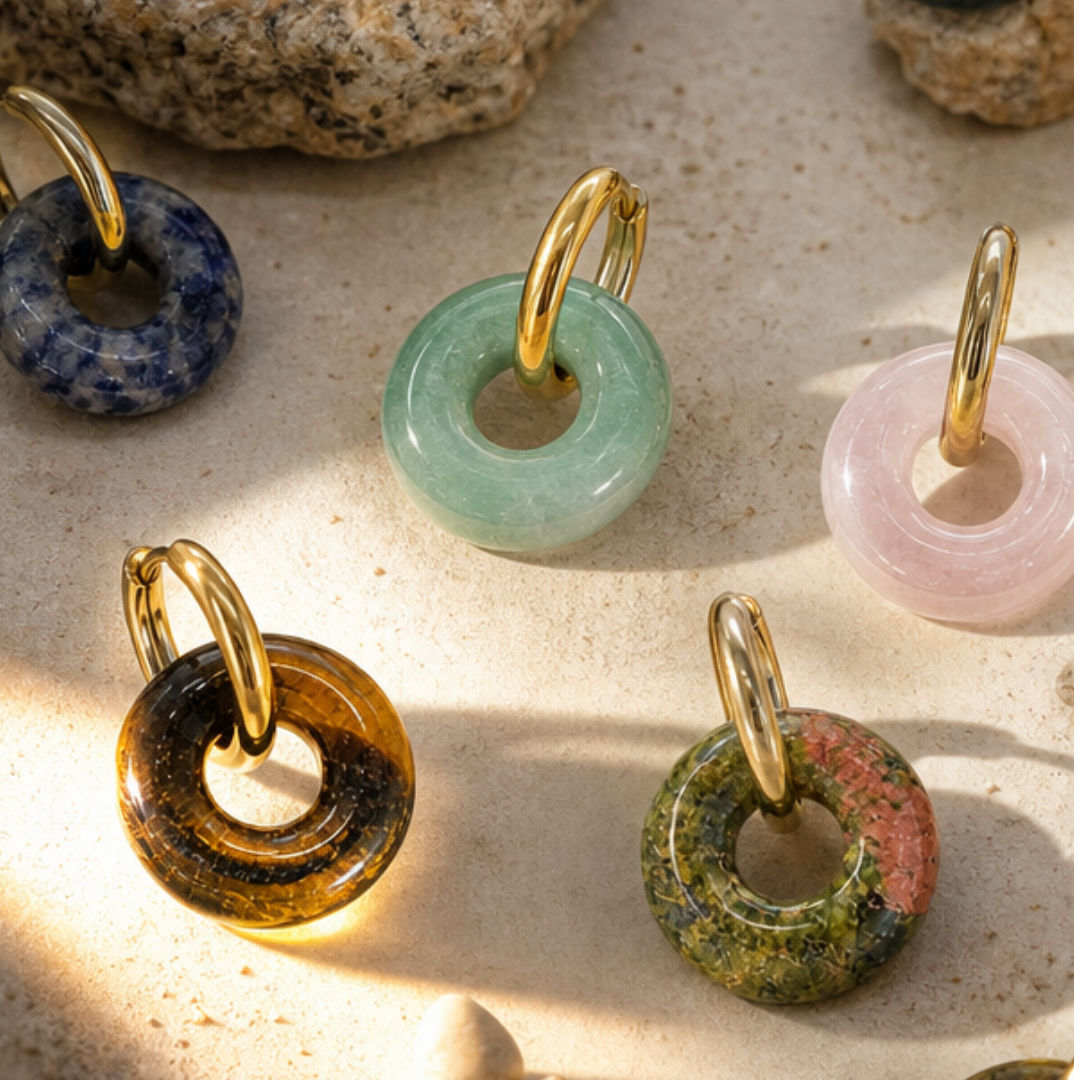 Gouden oorringen met Citrien natuursteen hoops