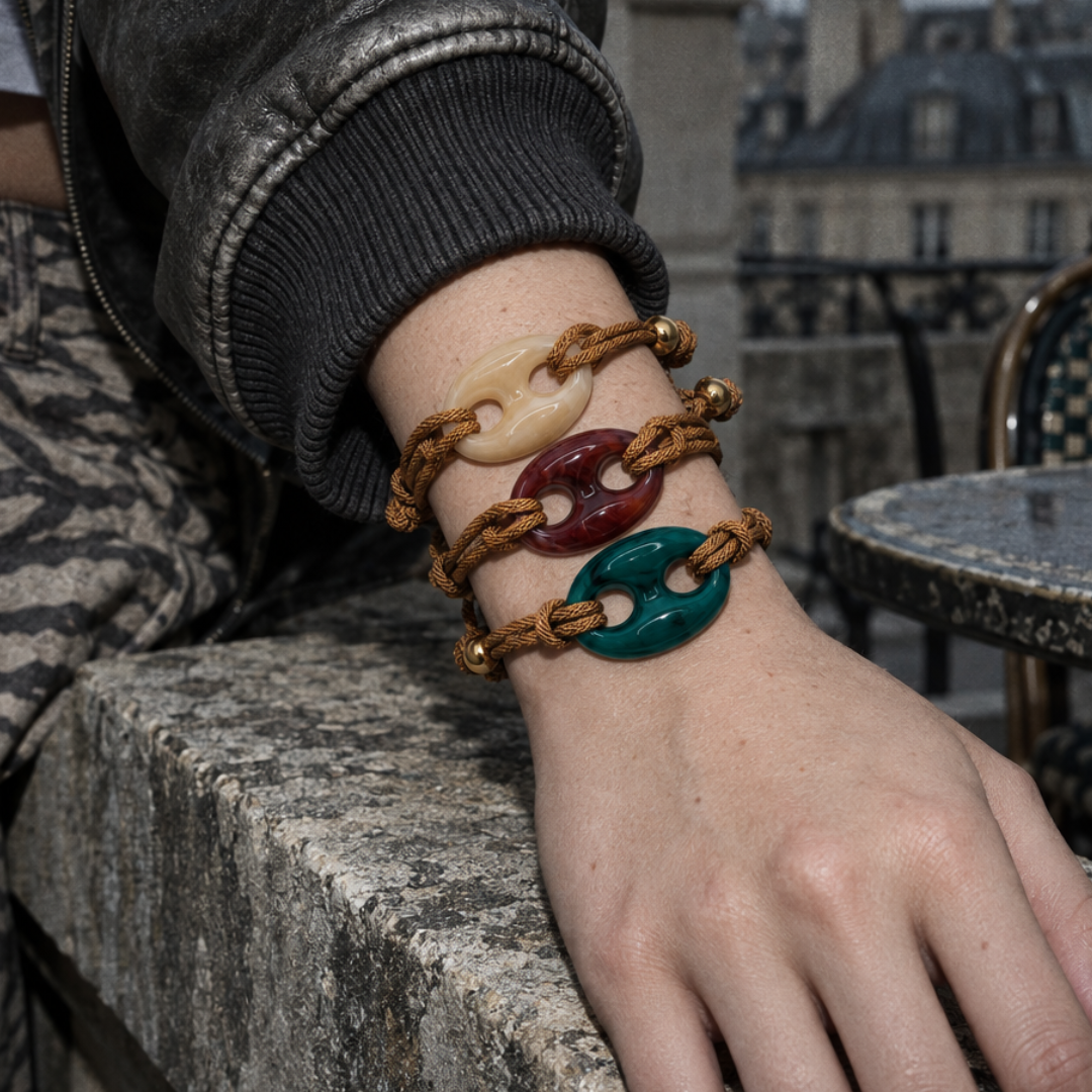 Armbandenstack met marmerlook schijf-kralen in beige, bordeaux en groen - Casa Jadel