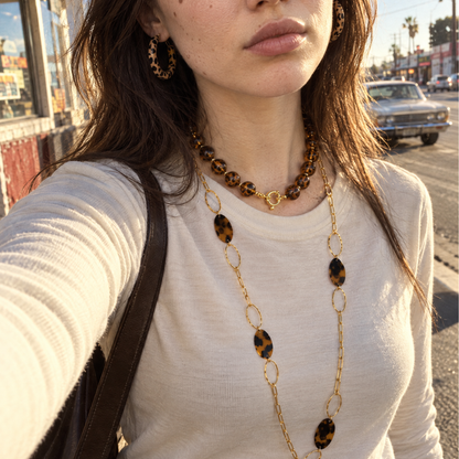 Amber bruine grote kralenketting panterprint