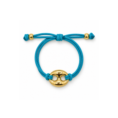 Blauwe rope armband met gouden bean