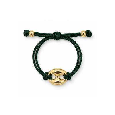 Donkergroene rope armband met gouden bean