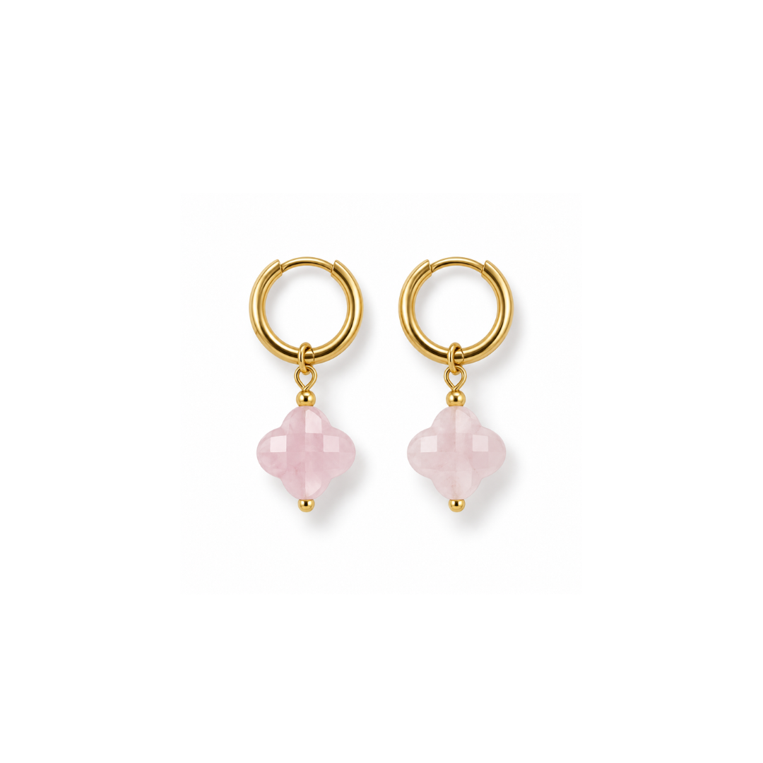 Gouden oorringetjes met Rozenkwarts natuursteen facet clover