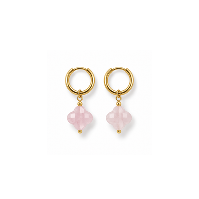 Gouden oorringetjes met Rozenkwarts natuursteen facet clover