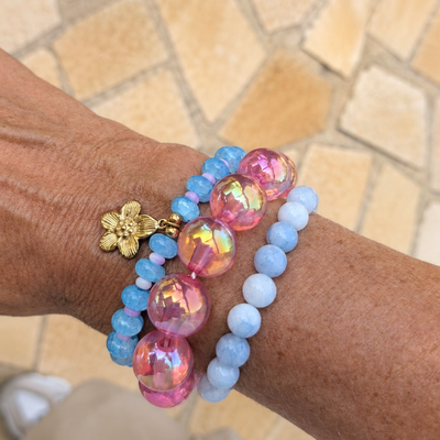 Armbandenset pastel blauw, roze & bloem