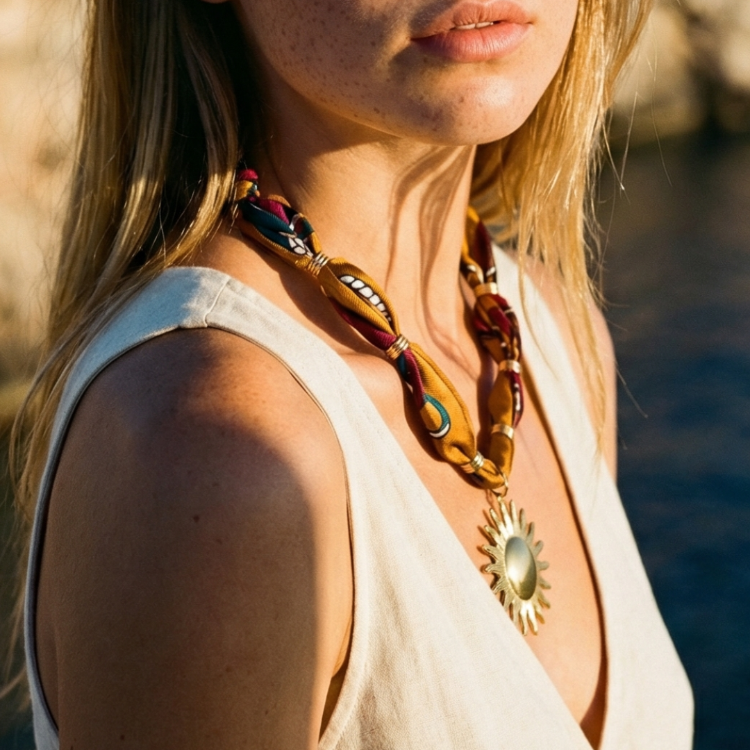 Model draagt bandana ketting met statement bloem. Ibiza Style Casa Jadel
