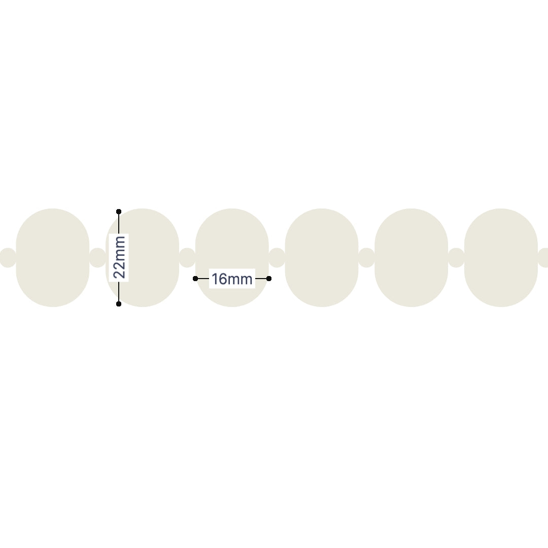 Beige outline shape van zes kralen Lies kralenketting jadel met afmeting van kraal.