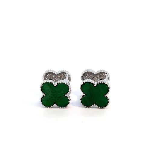 Clover oorknopjes zilver met smaragd groen andere kant met witte kristallen