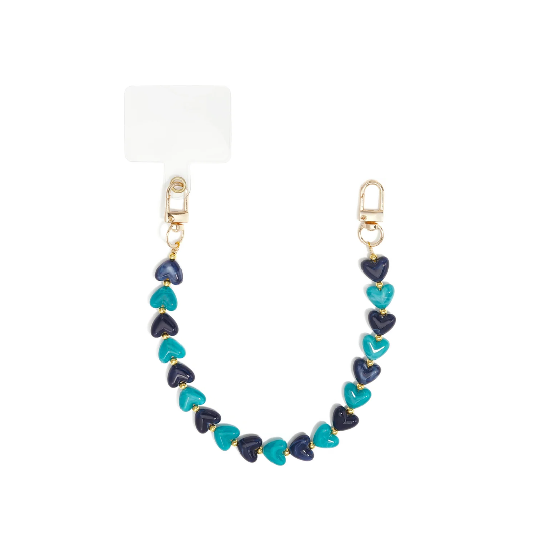 Donkerblauw turquoise marble hartjes telefoonkoord met ambergele en donkerbruine hartjes en goudkleurige details van Casa Jadel