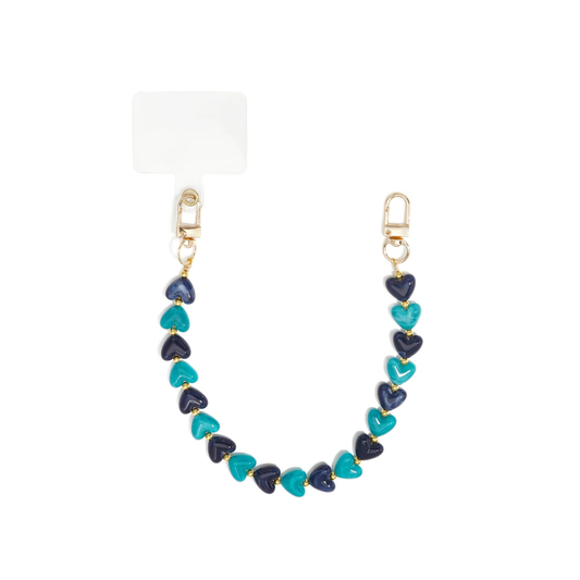 Donkerblauw turquoise marble hartjes telefoonkoord met ambergele en donkerbruine hartjes en goudkleurige details van Casa Jadel