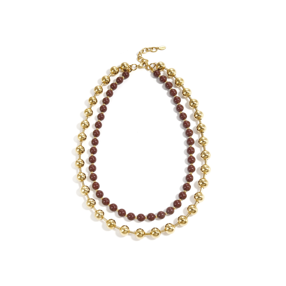 Dubbele kralenketting goud en bordeauxrood