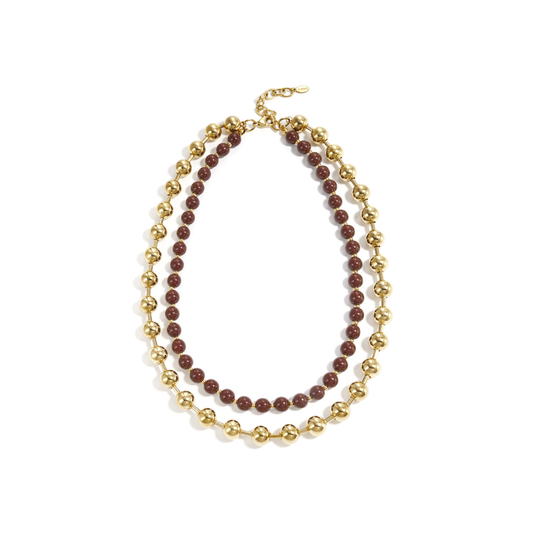 Dubbele kralenketting goud en bordeauxrood