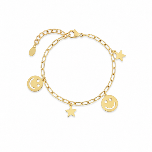 Gouden armband met sterretjes en smileys bedels