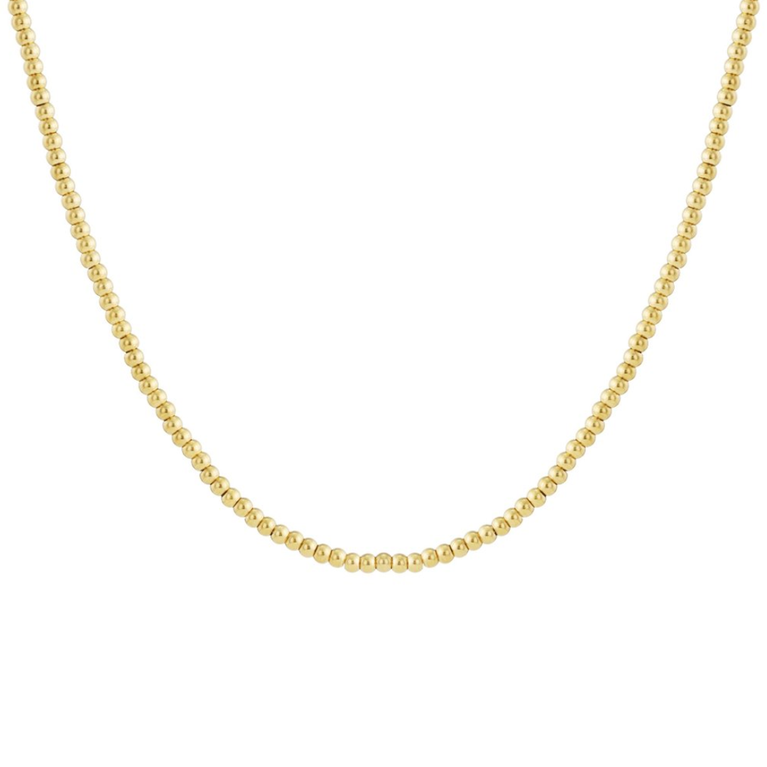 Gouden massieve kralenketting met kleine ronde glanzende kralen – minimalistische ketting op witte achtergrond.