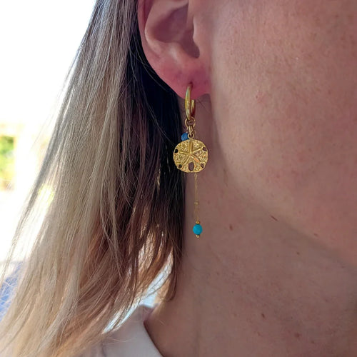 Gouden oorringetjes met zeester munt turquoise kraaltjes