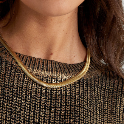 Gouden platte schakelketting van stainless steel gedragen om de hals