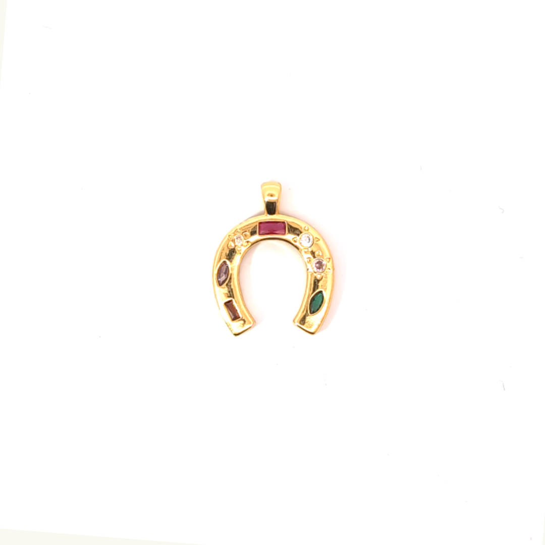 Grote gouden hoefijzer bedel van stainless steel met sterretjes en gekleurde steentjes