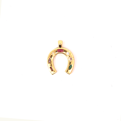 Grote gouden hoefijzer bedel van stainless steel met sterretjes en gekleurde steentjes