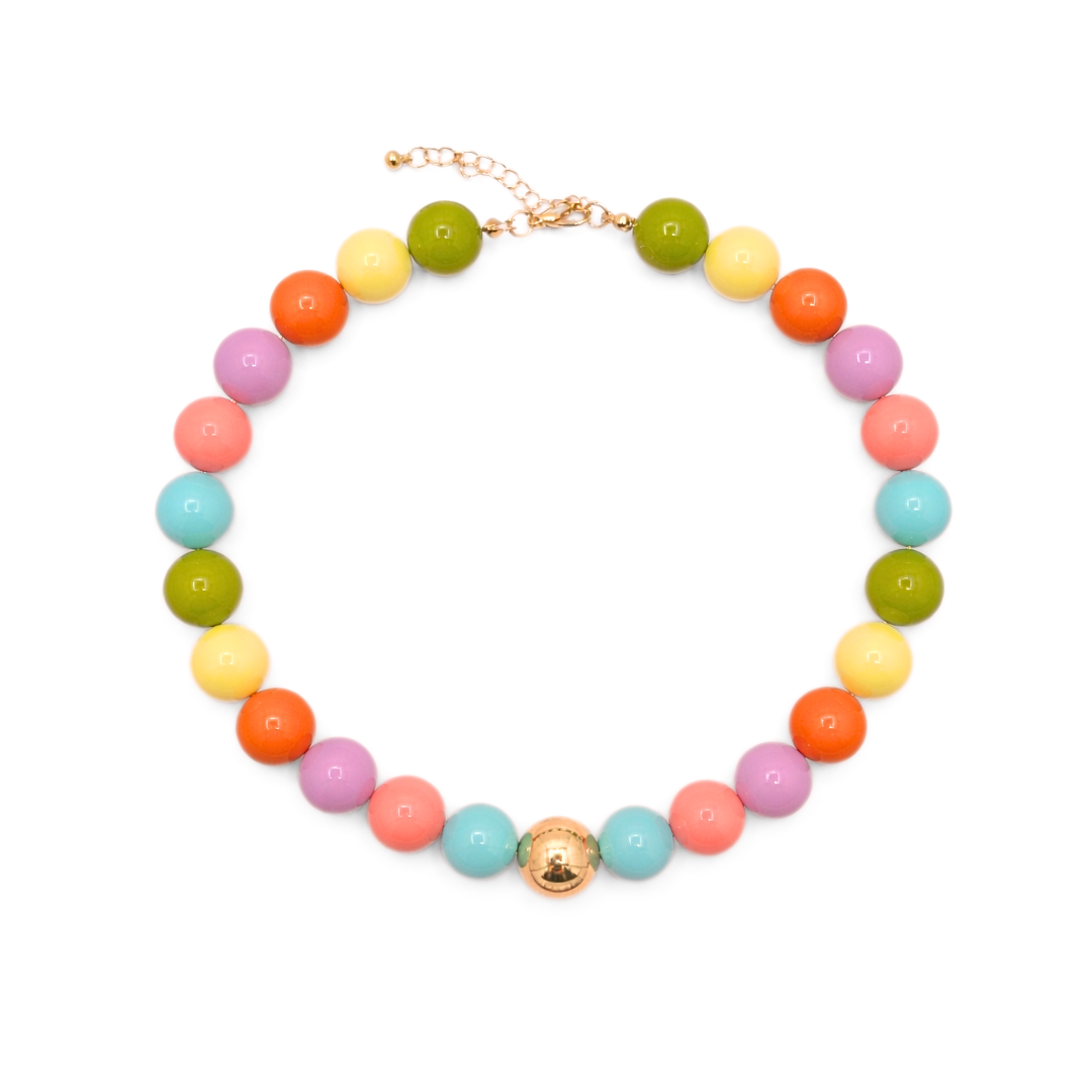 Grote kleurrijke kralenketting met gouden kraal. Chunky statement ketting in frisse tinten van Casa Jadel.