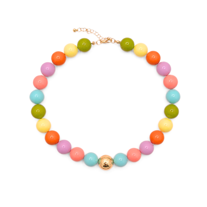 Grote kleurrijke kralenketting met gouden kraal. Chunky statement ketting in frisse tinten van Casa Jadel.