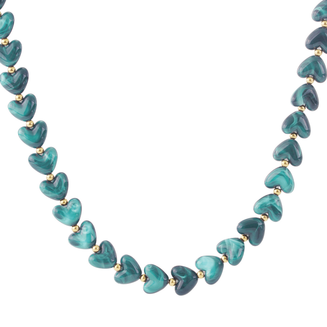 Hartjes kralenketting gemarmerd zeegroen